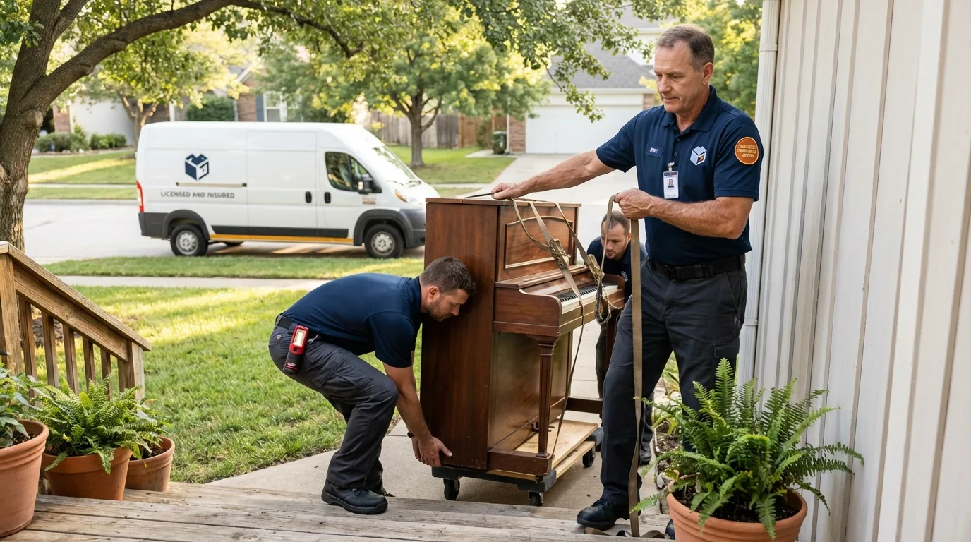 Licensed piano movers securing grand piano in Rome, GA