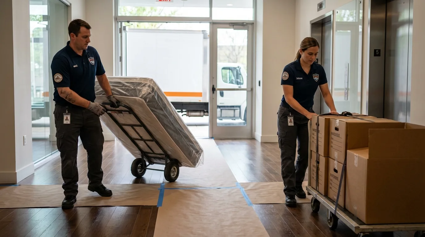 Professional apartment movers loading elevator in Rome, GA