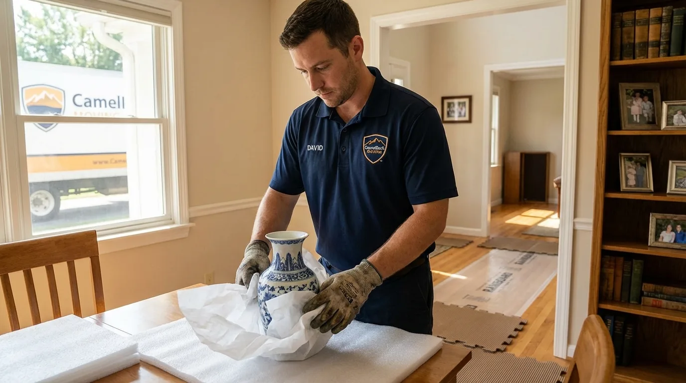 Professional crew carefully wrapping antique vase for senior downsizing move in Rome, GA